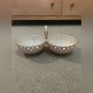 Lenox Classic Double Dish With Sachets Ivory Gold Trim Pierced Edge One Handle